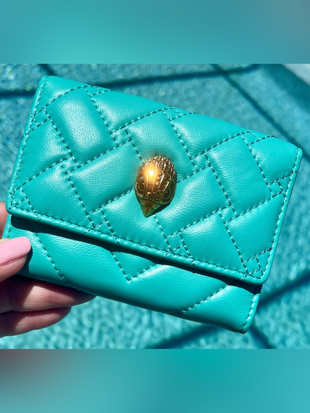 Kurt Geiger Quilted Teal Leather Tri-fold Wallet w/Gold Crystal Eagle Head NWOT